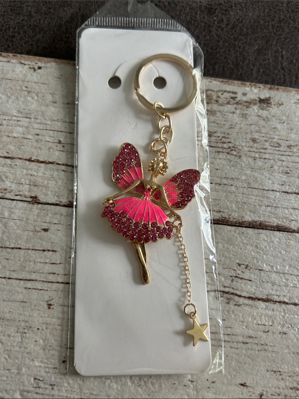 5/)25 Gold Ballerina Keychain with Pink Crystal Accents